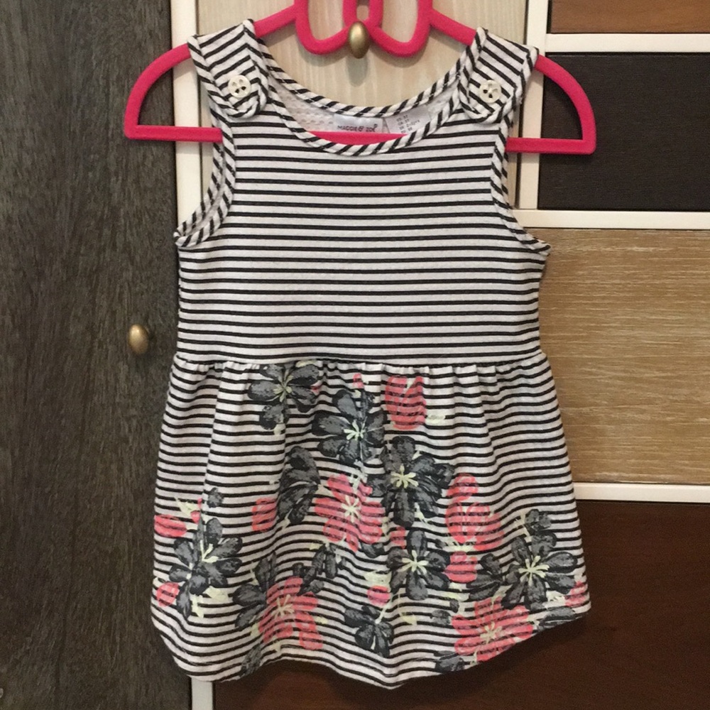 Black and white striped top w flowers and buttons